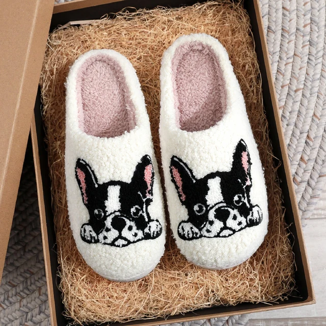 Pet Pattern French Bulldog Embroidered Plush Home Thick-Soled Comfortable Plush Cotton Slippers Cute Warm Non-Slip Indoor Slippers Pet Mom Gift Men and Women Can Wear