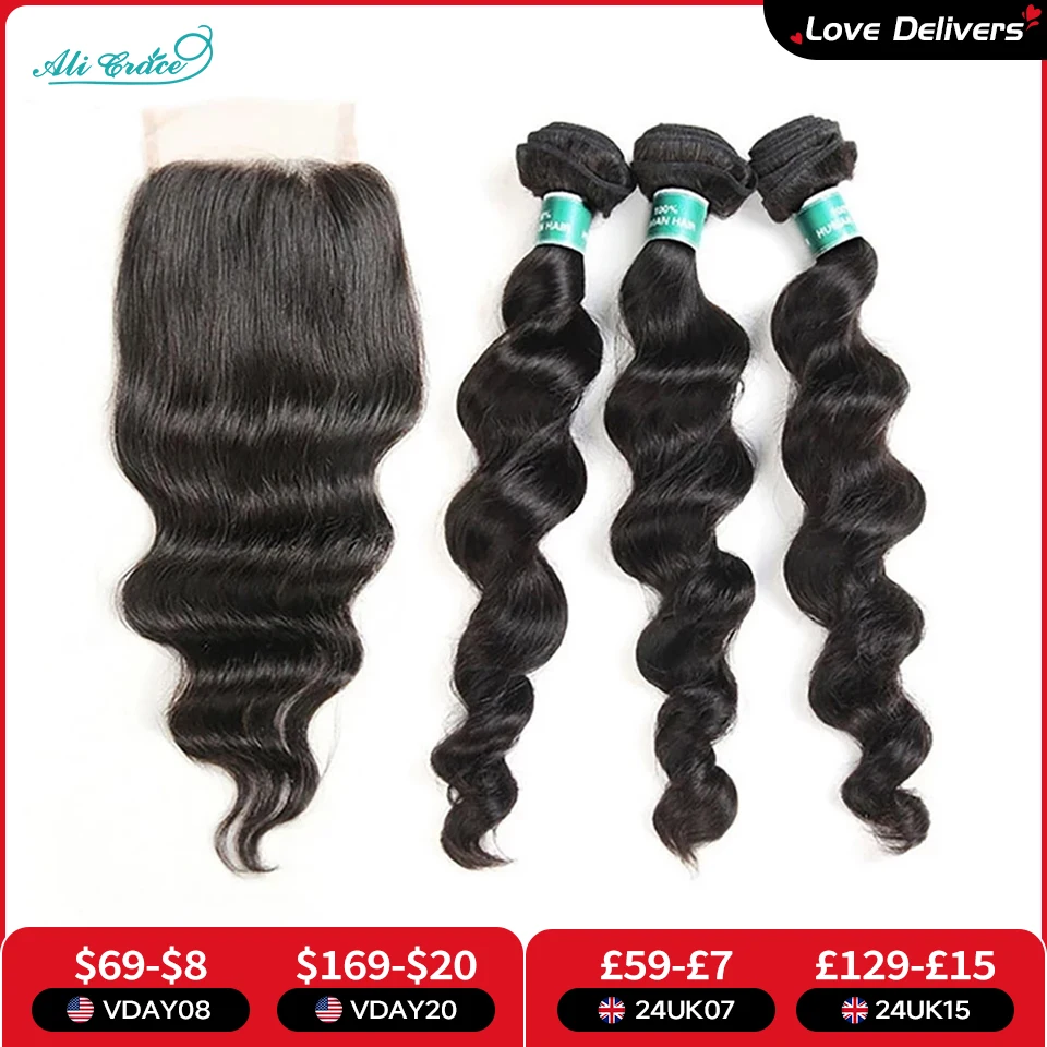 

Ali Grace Hair Brazilian Loose Wave Bundles With Closure 100% Remy Hair 3 Bundles With 4x4 Lace Closure Middle and Free Part