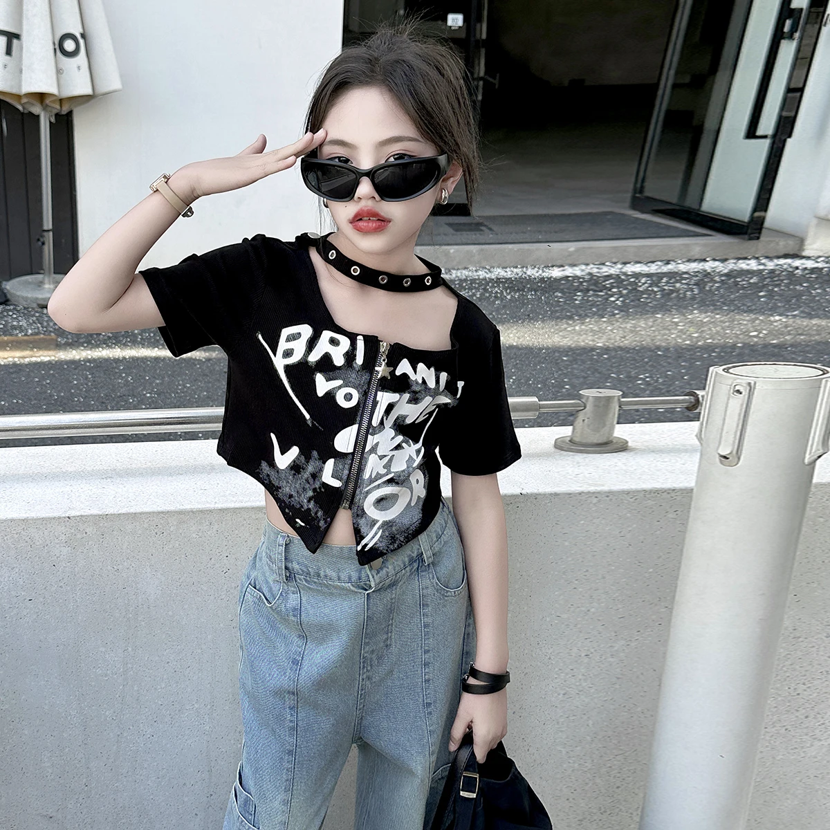 여름 여아용 불규칙 짧은 티셔츠, 지퍼 셔츠, 면 티셔츠, 한국 패션, 여름, 8, 10, 12, 14