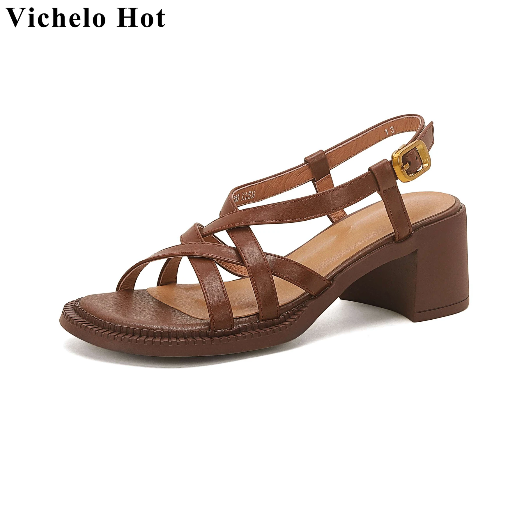 

Vichelo Hot Cow Leather Peep Toe Gladiator Chunky High Heels Summer Shoes Big Size Office Lady Vintage Party Dress Women Sandals