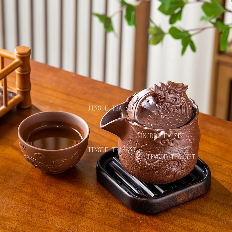 1pc Zhu Ni Handmade Teapot Purple Clay Large Handheld Pot Household Chinese Style Fast Food Cup Kung Fu Tenglong Tea Set