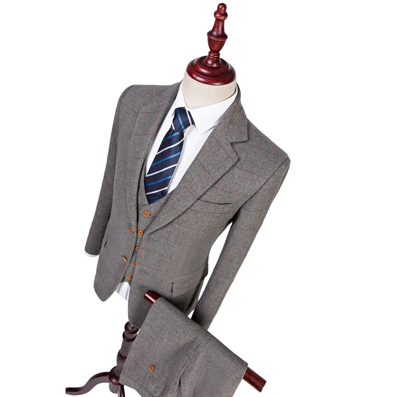 Latest Coat Pant Designs Suit Wool Grey Tweed Retro British Style Wedding Slim Fit Blazer Business Suits For Men 3 Piece