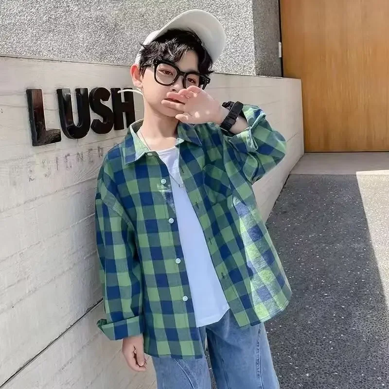 Spring Fashionable Plaid Boys Shirt New Hot Sale Of The Season Middle Large Children's Spring Outerwear Trendy Male Kids Clothin