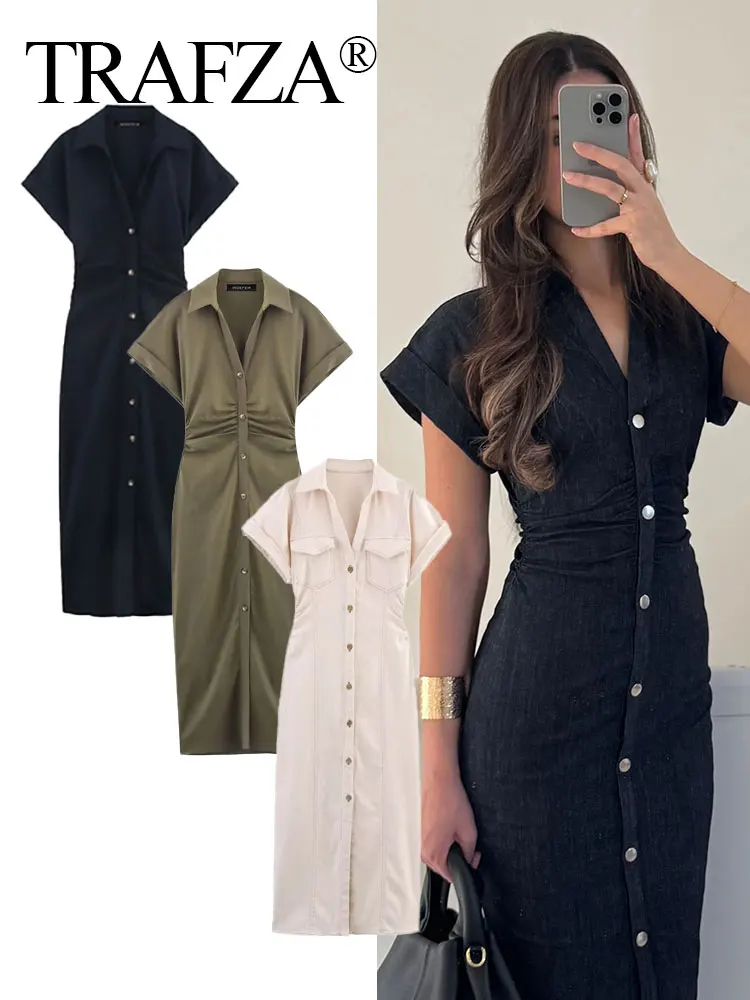 TRAFZA Women Summer Fashion Solid Short Sleeve Single Breasted Pleated Design Dress Woman Denim Turn Down Collar Midi Dress