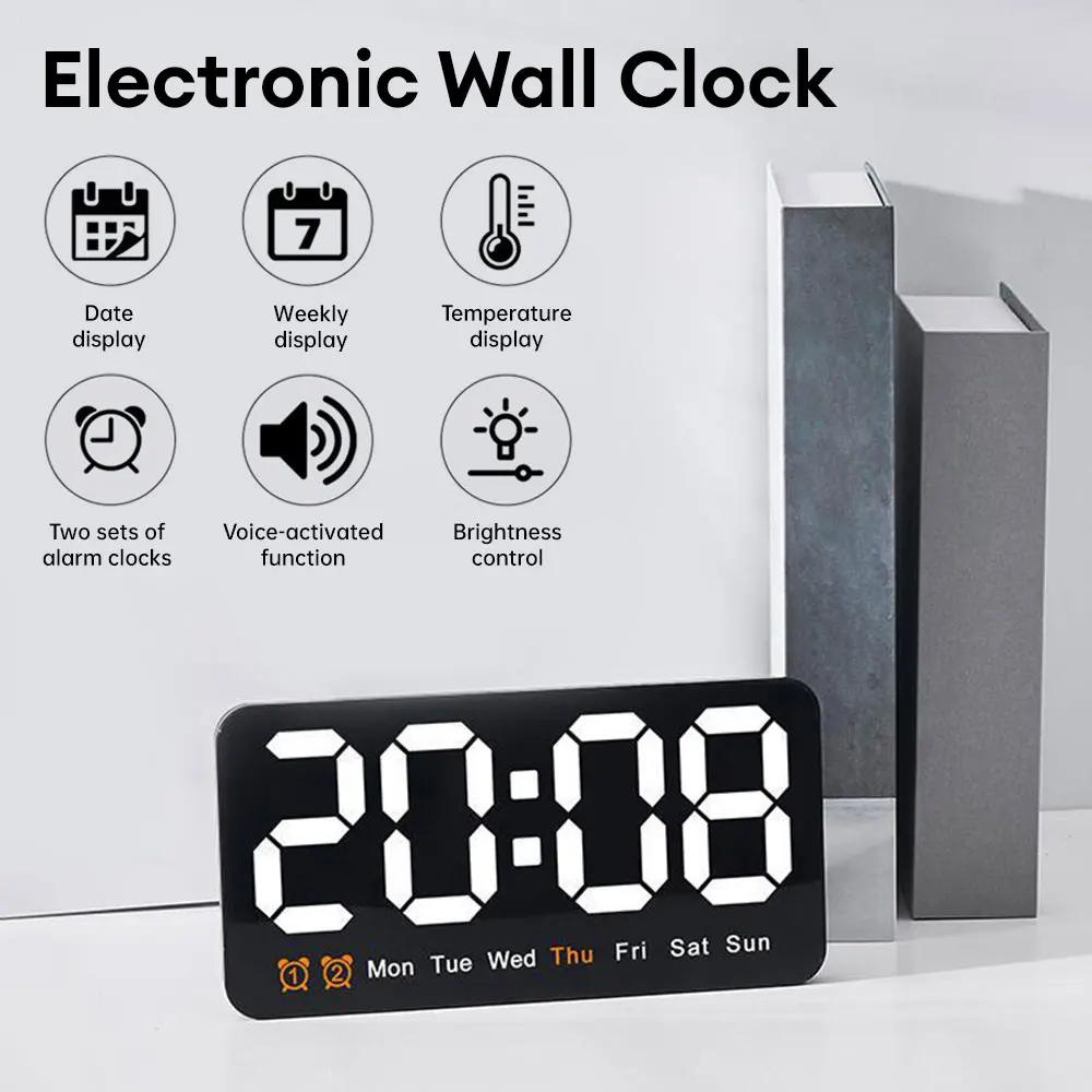 Voice Control Digital Wall Clock Temperature Date Week Display Table Clock Electronic LED Wall 12/24H Dual Alarm