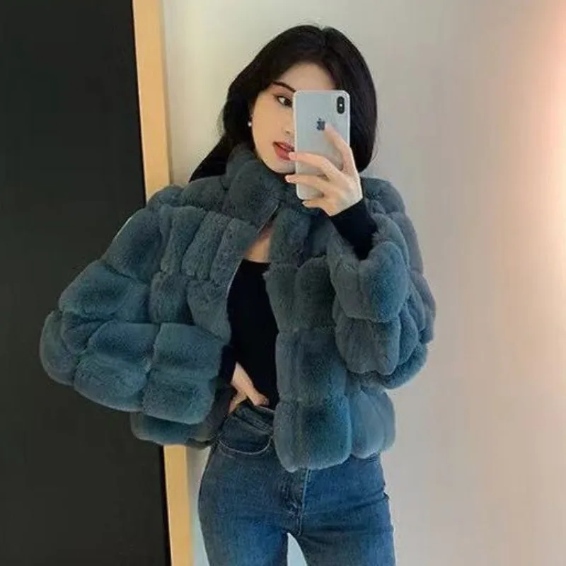 Temperament Plaid Faux Rabbit Fur Coat 2023 Winter New Women Loose Stand Collar Outwear Casual Warm All-match Short Jacket