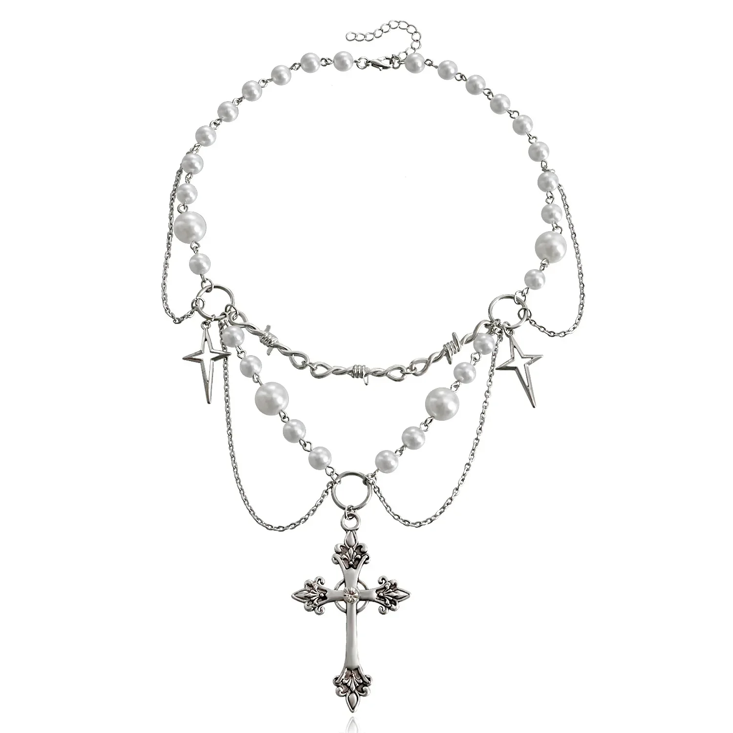 

Y2K готическое ожерелье из Розария с крестом и цепочкой, ожерелье ручной работы из священного жемчуга и бусин, многослойное ожерелье