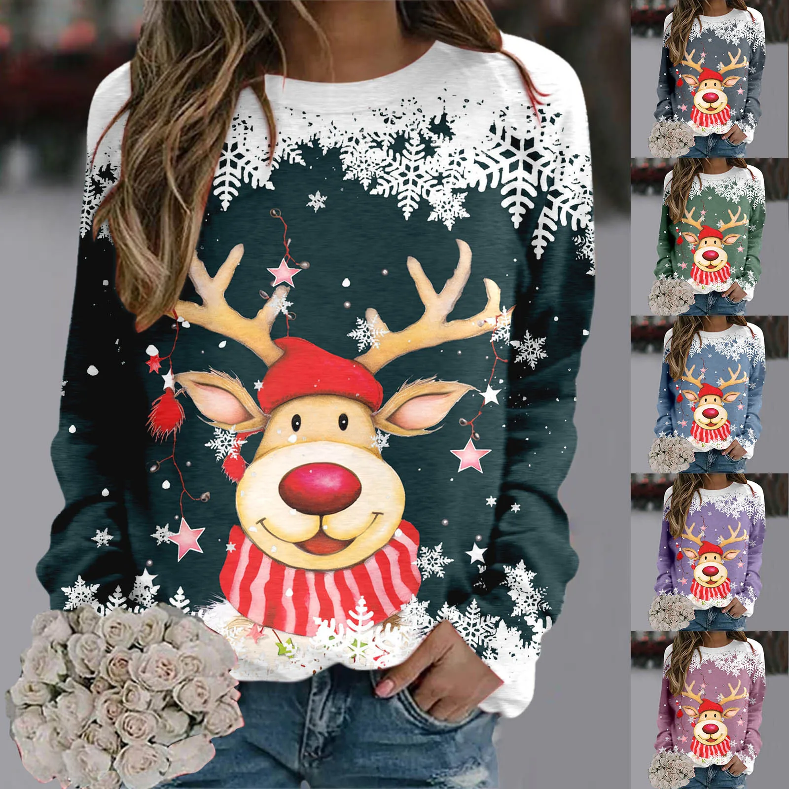 

Свитшот без косточек, рождественские свитера для женщин, свитшот с длинным рукавом и круглым вырезом для девочек-подростков, милые рождественские рубашки с рисунком оленя