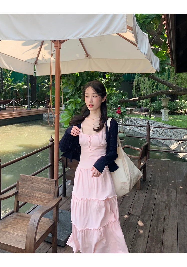 French Elegant Dresses for Women Solid Spaghetti Strap Summer New Ruffles A-line Casual Korean Chic Midi Vestidos Mujer