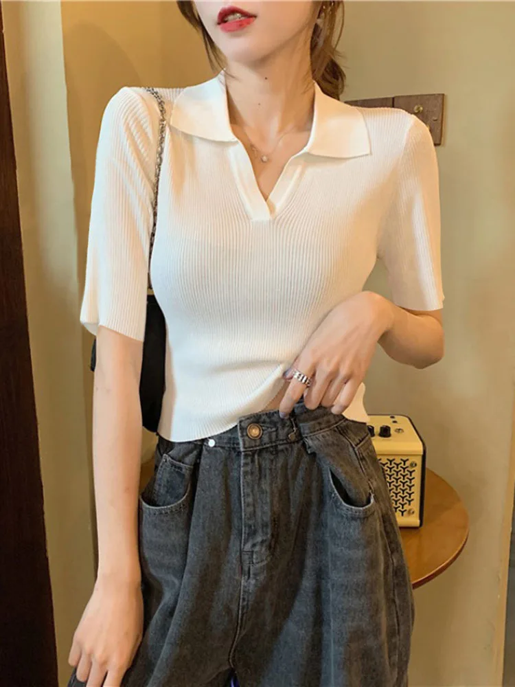 

Women's Polo Collar Half Sleeve Solid Color Knit Sweater