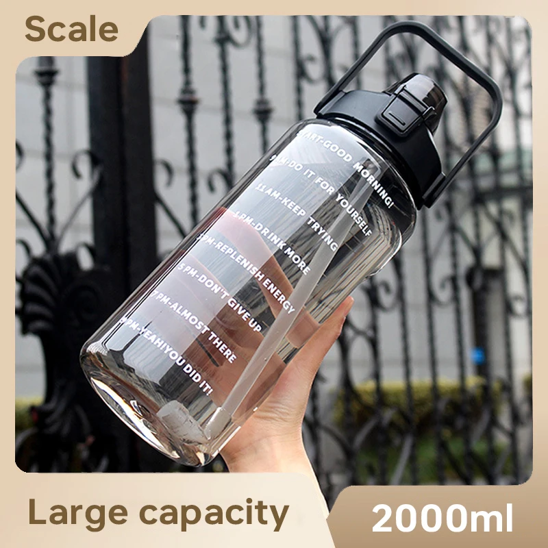

2000ml Sports Drinking Bottles with Time Marker Men Women Water Bottle with Straw Large Capacity Outdoor Cup Fitness Drinkware