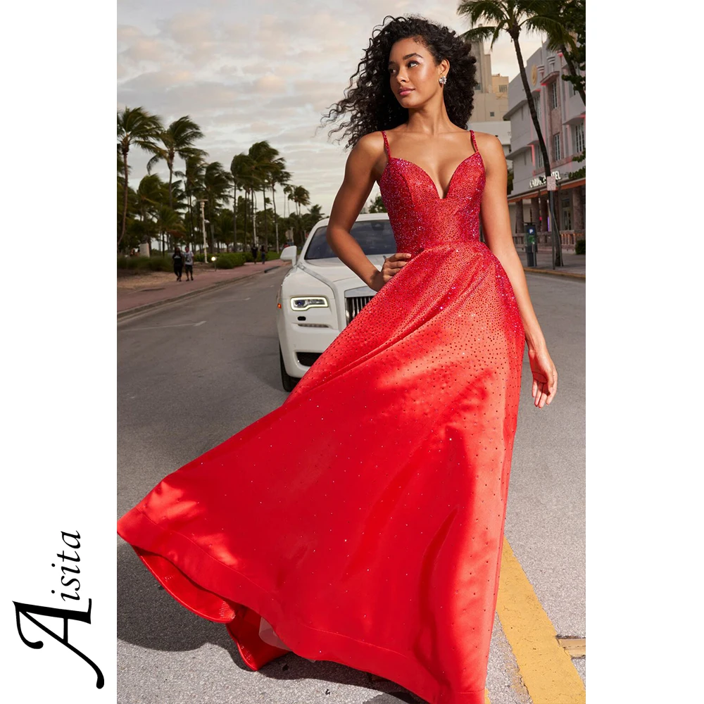 

Sexy A-line Wedding Dress Sequin Womens Dresses Deep V Neck Spaghetti Straps Satin Elegant and Pretty Women's Dresses Vestido