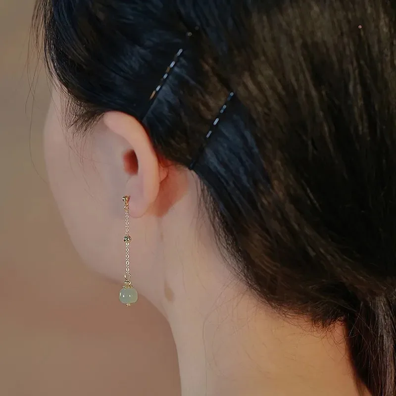 Hetian Jade Long Earrings Female Fringe Ear Line Ancient Chinese Style Hanfu Cosplay Accessories Ethnic Jewelry for Women Girls