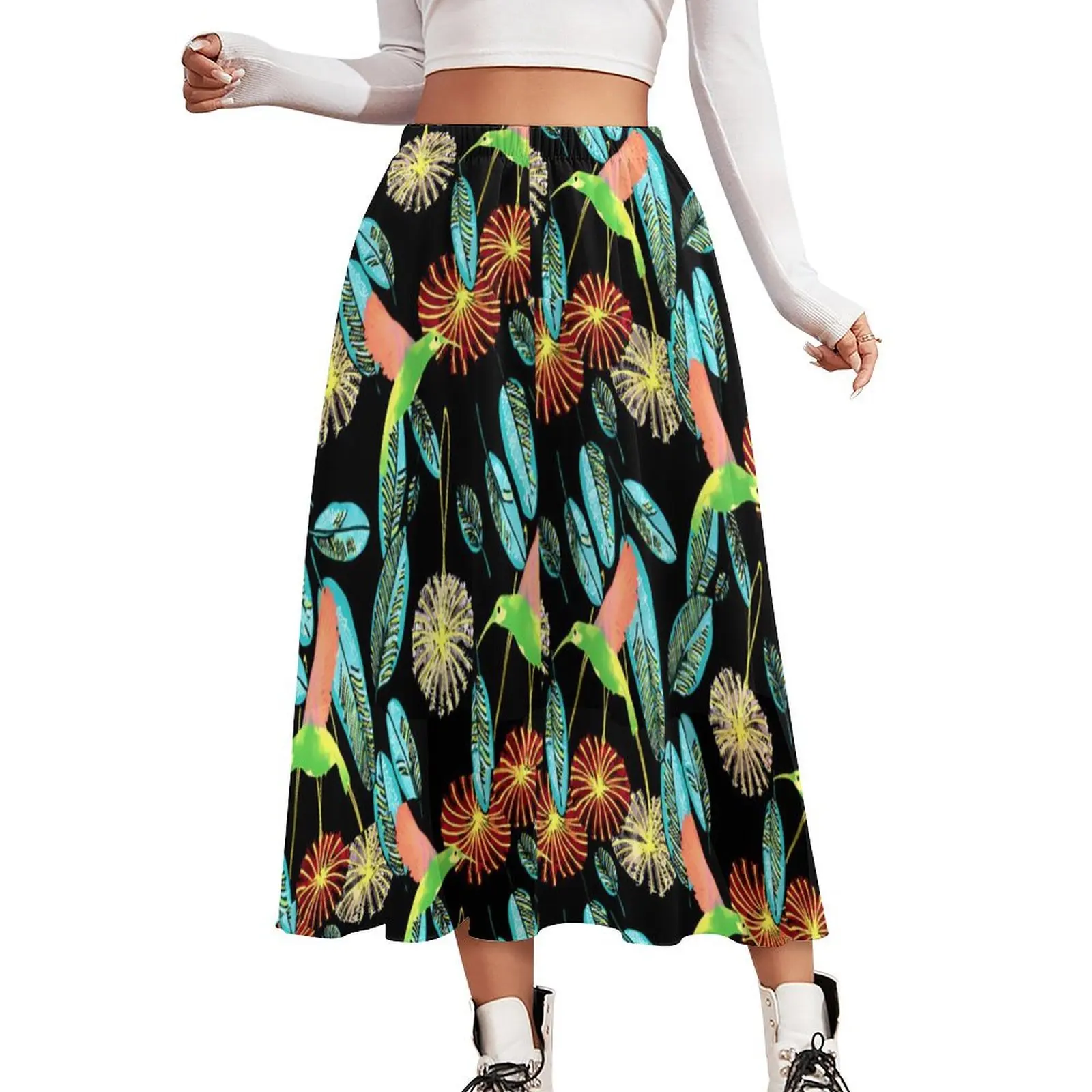 

Tropical Birds Flower Skirt Women Green Leaves Cute Long Skirts Print Elastic Waist Street Wear Casual Skirt Big Size