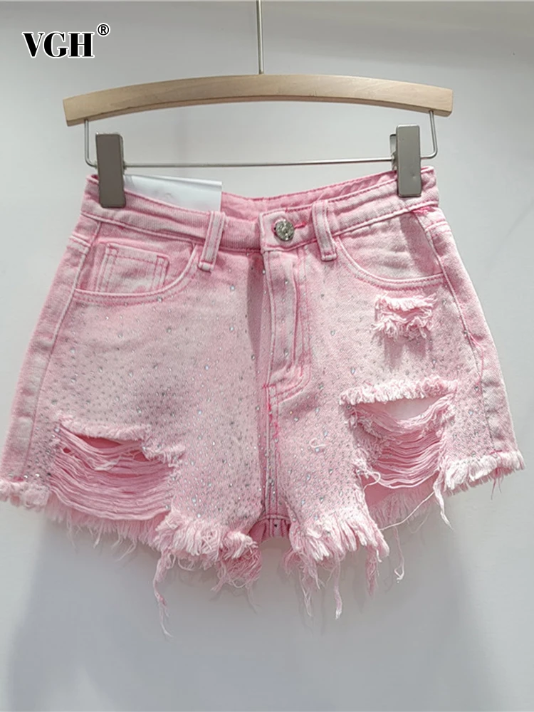 

VGH Solid Patchwork Diamonds Denim Shorts For Women High Waist Spliced Raw Hem Casual Wide Leg Pants Female Fashion Clothes New