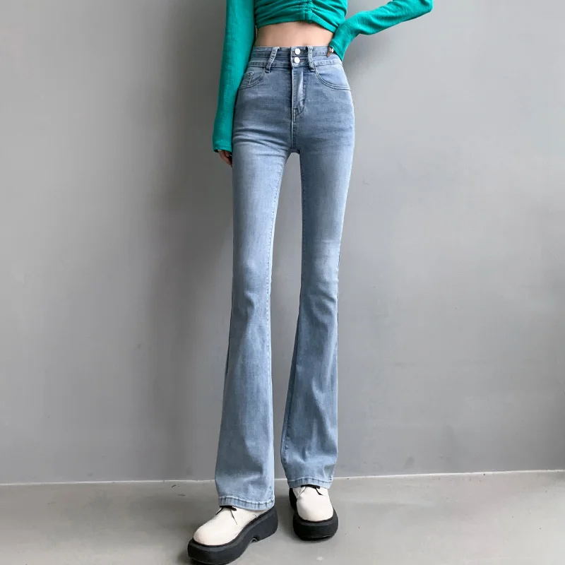 Women's High Waist Slim Falre Jeans Spring Summer Streetwear Two Buttons Long Denim Pants Lady Boot But Jeans Trousers vinatge high waist slim flare jeans for women streetwear stretchable two buttons micro flare denim pants lady boot cut trousers