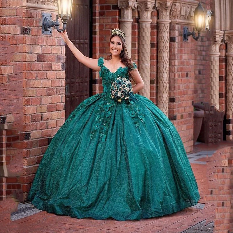 

Emerald Green Bling Sequin Sweet 16 Quinceanera Dresses with 3D Applique Beads Corset Dress Vestidos De 15 Anos Masquerade xv