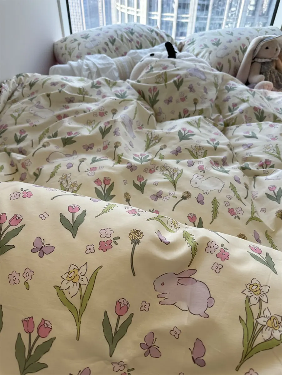 

Romantic pueple flower rabbit butterfly bedding set,twin full queen sweet cotton home textile bed sheet pillow case quilt cover