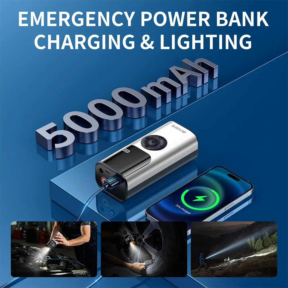 BUVAYE Portable Car Air Compressor WIth Power Bank Wired Wireless Dual Use Tire Inflator 150PSI Inflatable Pump With LED Light