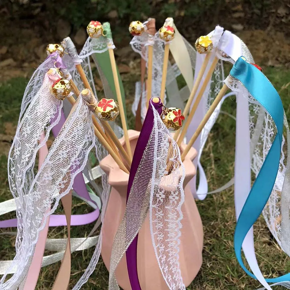 10/20/50PCS/lot Colorful Stain Ribbon Wedding Stick Mixed Color Wedding Wands With Gold Bells for Wedding Decoration