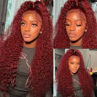 Perruque Lace Front Wig Naturelle Ondulée Rouge Bordeaux, Cheveux caution Bouclés, 13x4 HD, 99j 3