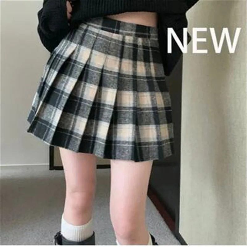 

Korean Style Plaid Pleated Skirt Female Spring and Autumn High Waist Thin A-line Short Student Woolen 2024 NewSummer Skirts