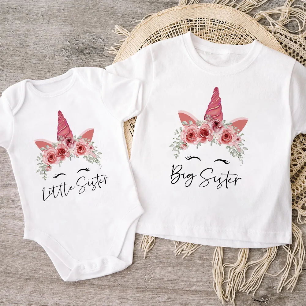 Flowers Wreath Print Big Sister Little Sister Family Matching Outfit Kids Clothes Short Sleeve T Shirt Baby Bodysuit Kids Romper 3