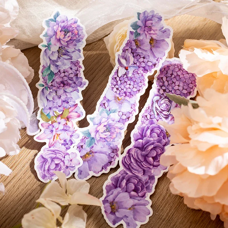 

10Pcs Per Pack Striped Flowers Stickers Scenery Decorative Crushed Wisteria Aesthetic Colourful Rectangle sticker Paper 68*226mm