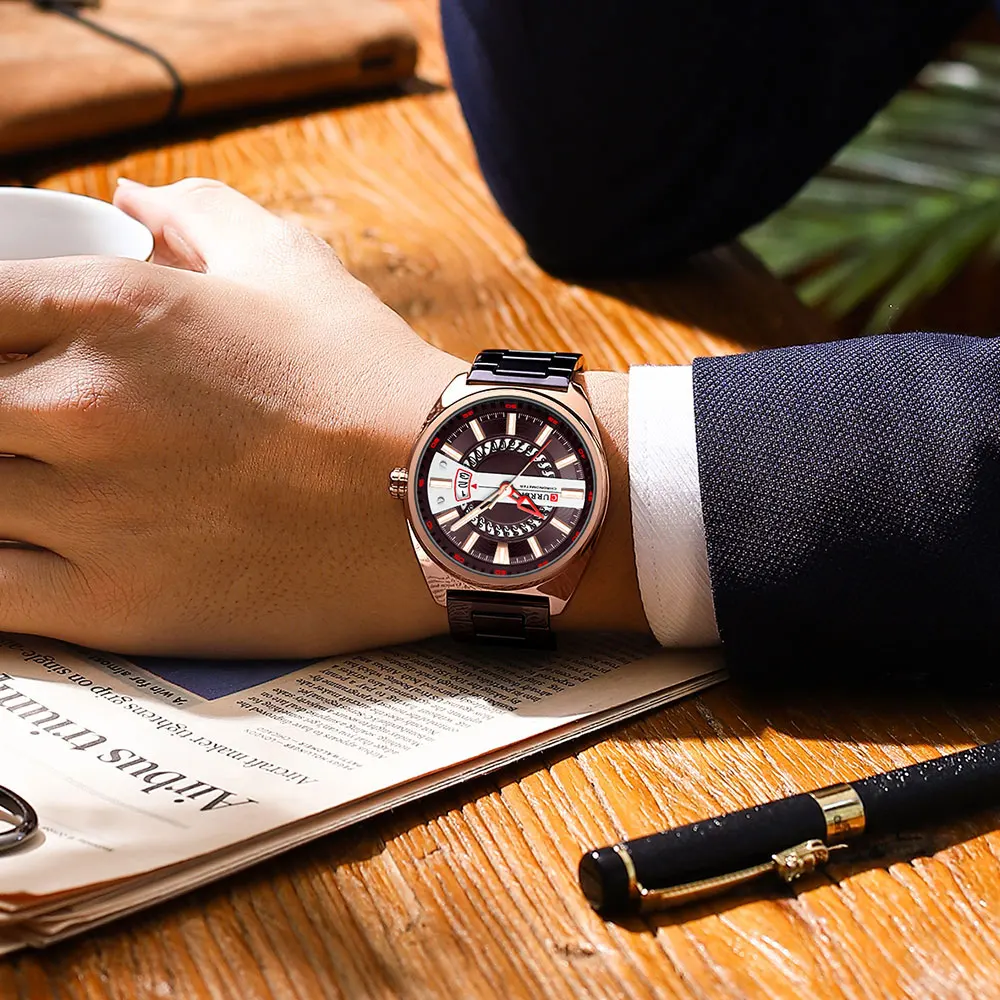 Relógio esportivo casual masculino de pulso azul de aço inoxidável com data automática de quartzo à prova d'água_voghion.com