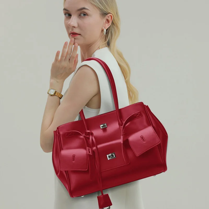Leather Women's Bag Cool Motorcycle Platinum Square Buckle Simple Versatile Large Capacity Travel Underarm Tote Bag