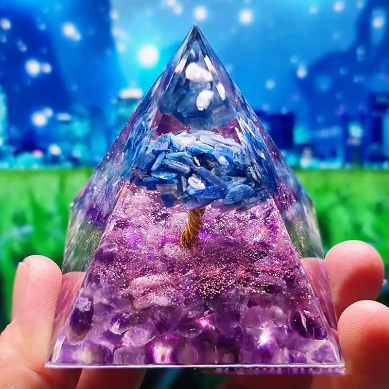 

Orgonite Pyramid Energy Generator Orgone Pyramid Resin Natural Stone Amethyst + Blue crystal Rubble Superimposed