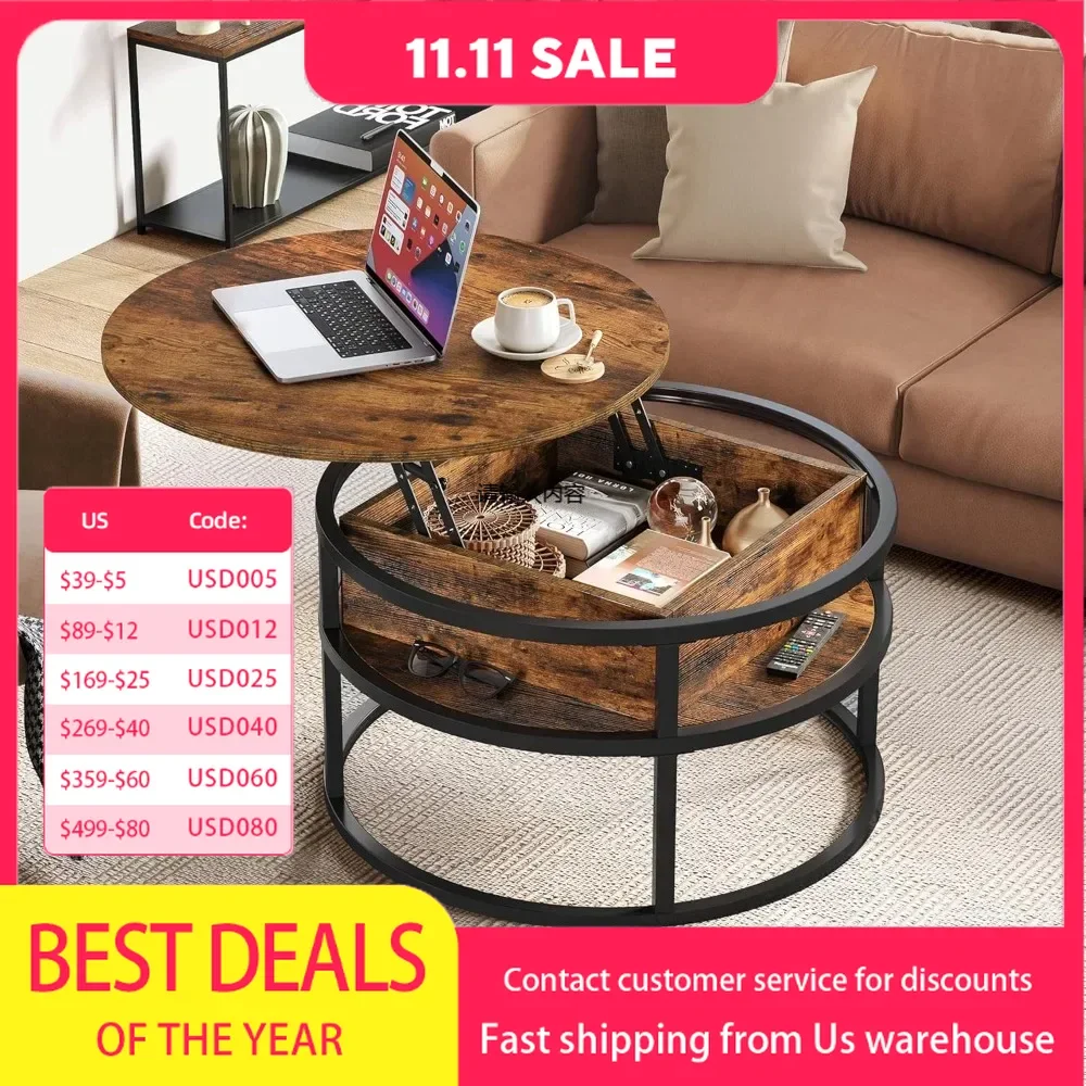 Round living room coffee table, Lift coffee table with storage, Wooden table with hidden storage compartment