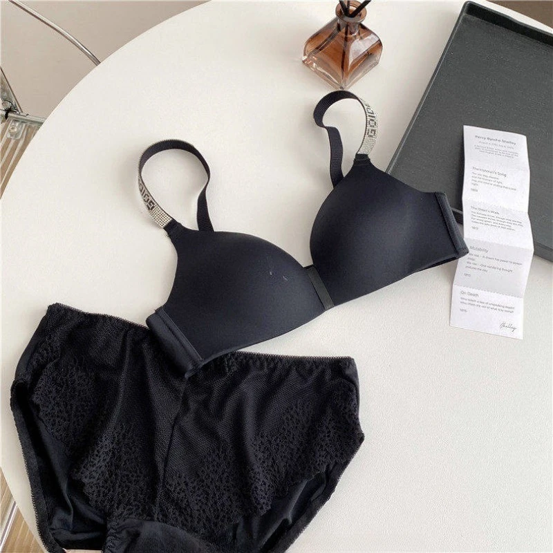 Hot Sale Sexy Letter Rhinestone Strap Bra Set Seamless Thin Summer Light Push Up Anti Sagging Comfortable Women Lingerie Set_voghion.com