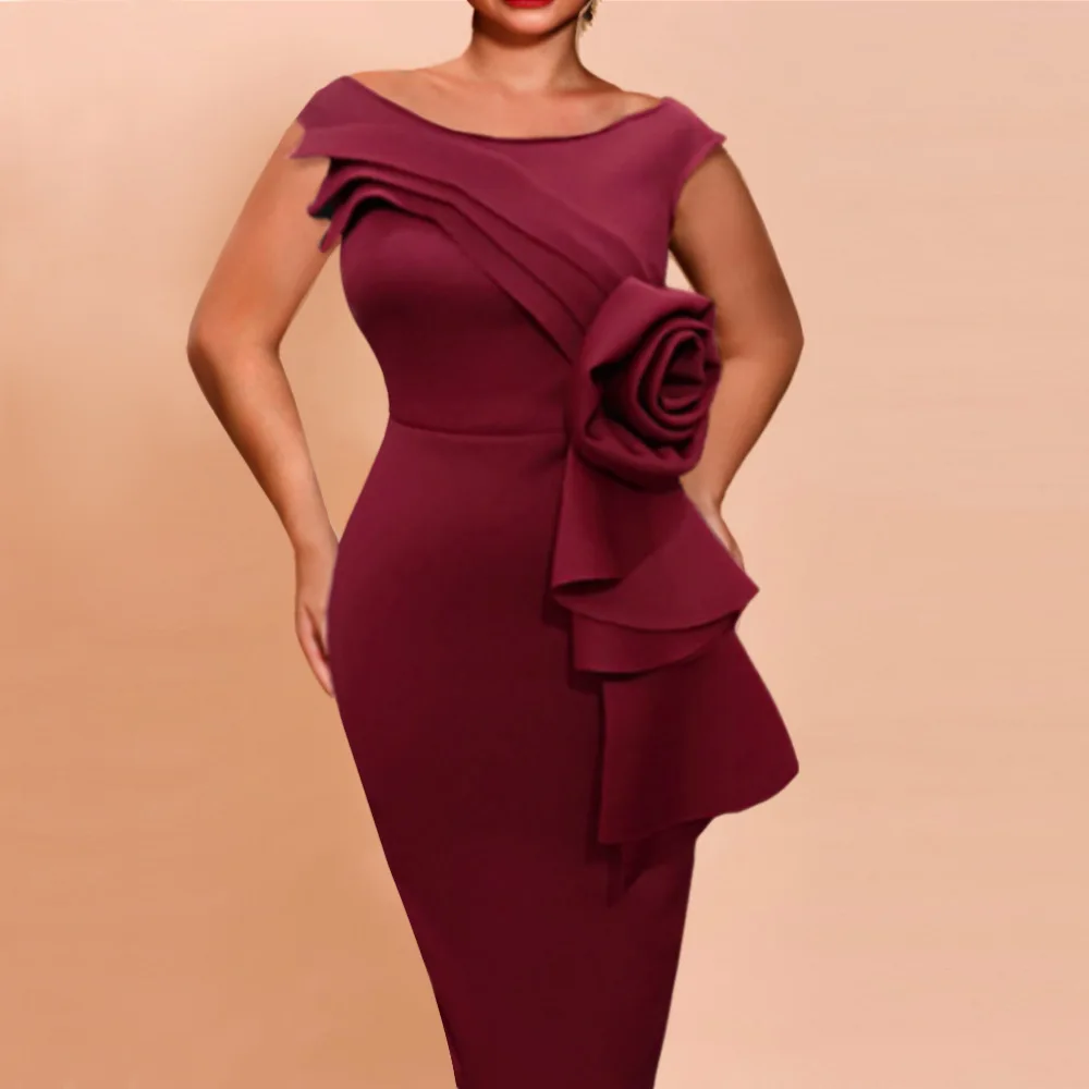 

Sleeveless O Neck Big Flower Ruffles Appliques High Waist Burgundy Bodycon Dress Elegant Evening Party Dresses For Women 2023