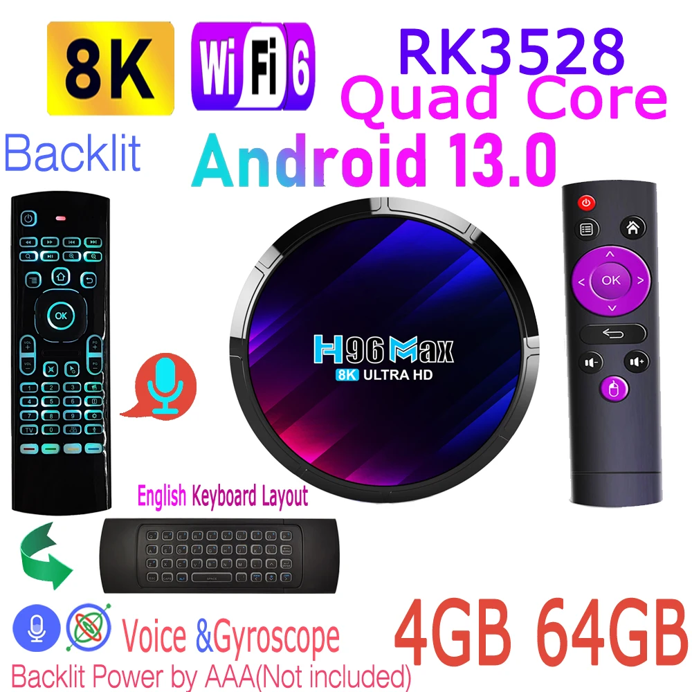 Android 13.0 TV BOX RK3528 Quad Core Rockchip 2.4G 5G WIFI6 BT5.0 LAN 100M Global Media Player H96 MAX