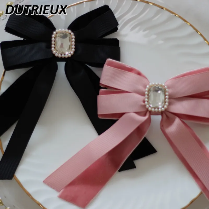 

Handmade Japanese Style Kawaii Cute Girl Hair Accessoires Bow Pearl Gem Big Bow Side Clip Spring Clip for Sweet Women