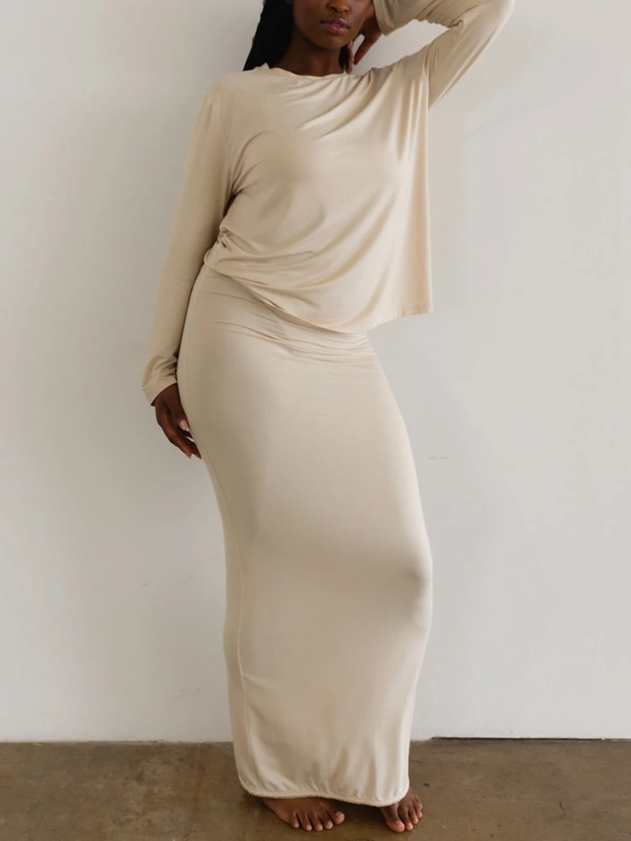 

Women Pajamas Set 2 Pieces Loungewear Suits Solid Color Crew Neck Long Sleeve T-Shirts Tops Long Skirts Sleepwear Outfits