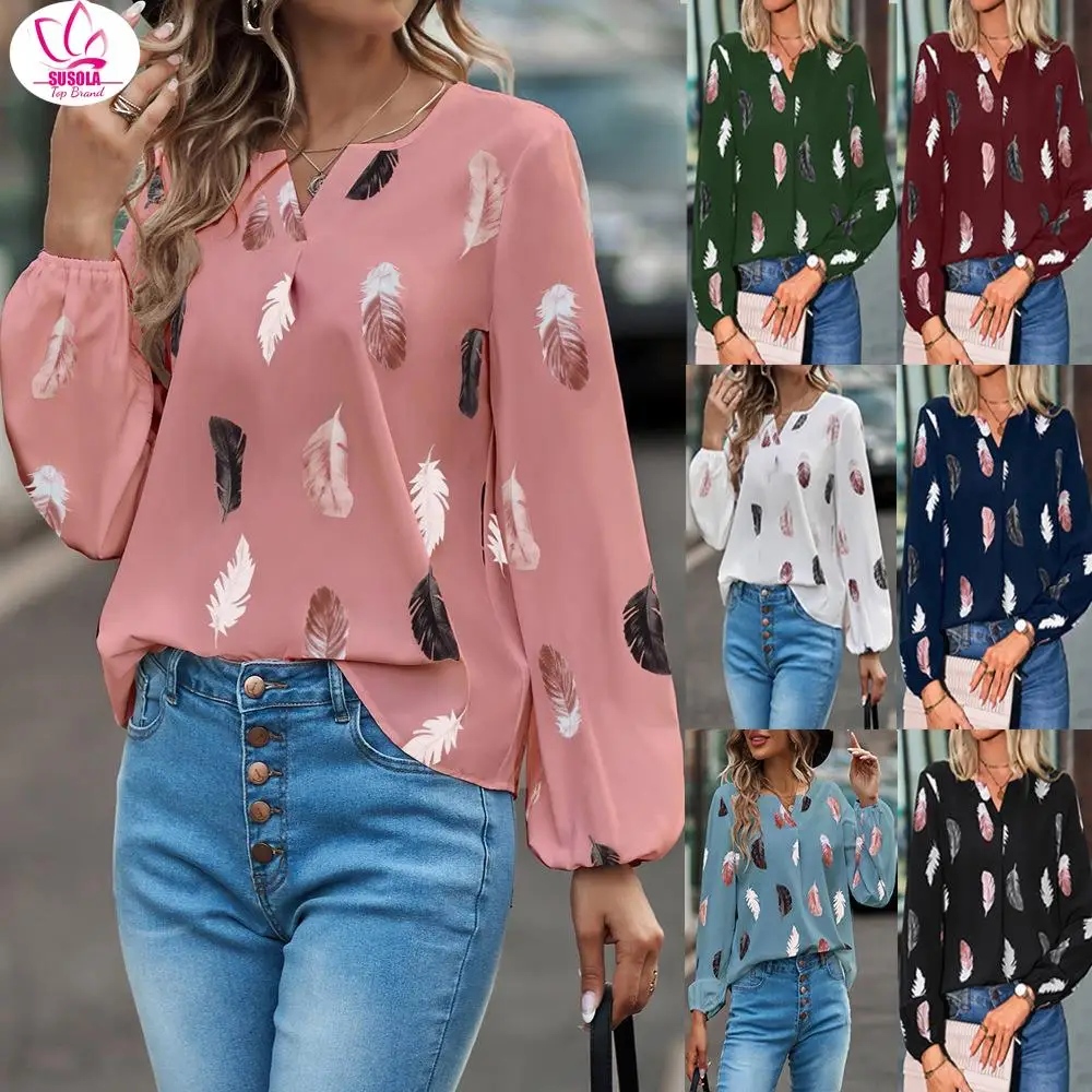 

Женская свободная футболка с длинным рукавом, V-образным вырезом и принтом перьев