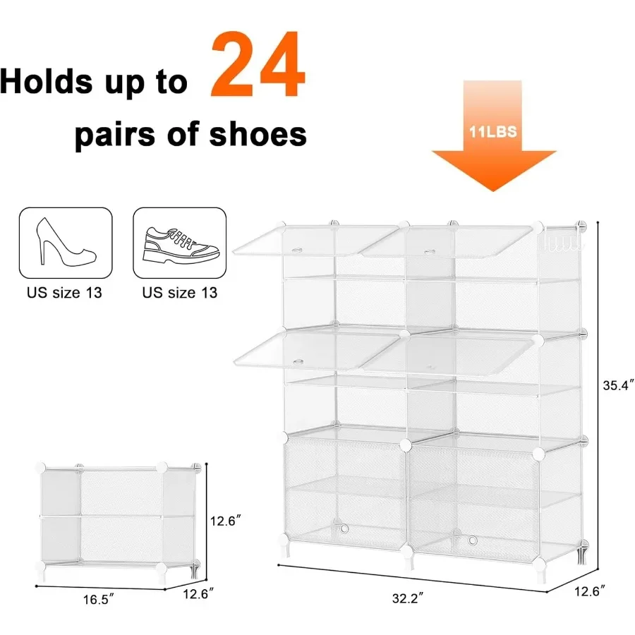 Shoe Rack 6 Tier Shoe Storage Cabinet with Door 24 Pair Shoe Organizer Shelves for Closet Hallway Bedroom Entryway Transparent