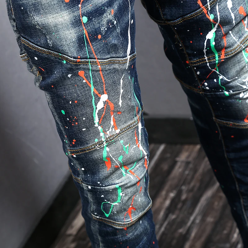 Street Fashion Men Jeans Retro Dark Blue Spliced Designer Elastic Slim Ripped Jeans Men Painted Hip Hop Denim Biker Pants Hombre