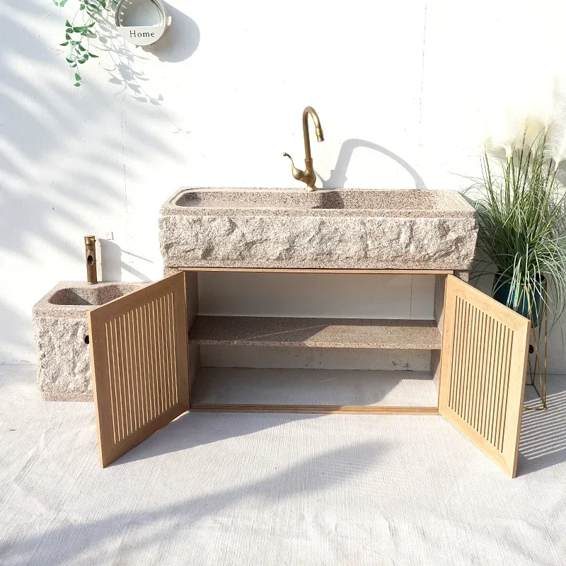 Marble sink with washboard, outdoor natural stone integrated sink 