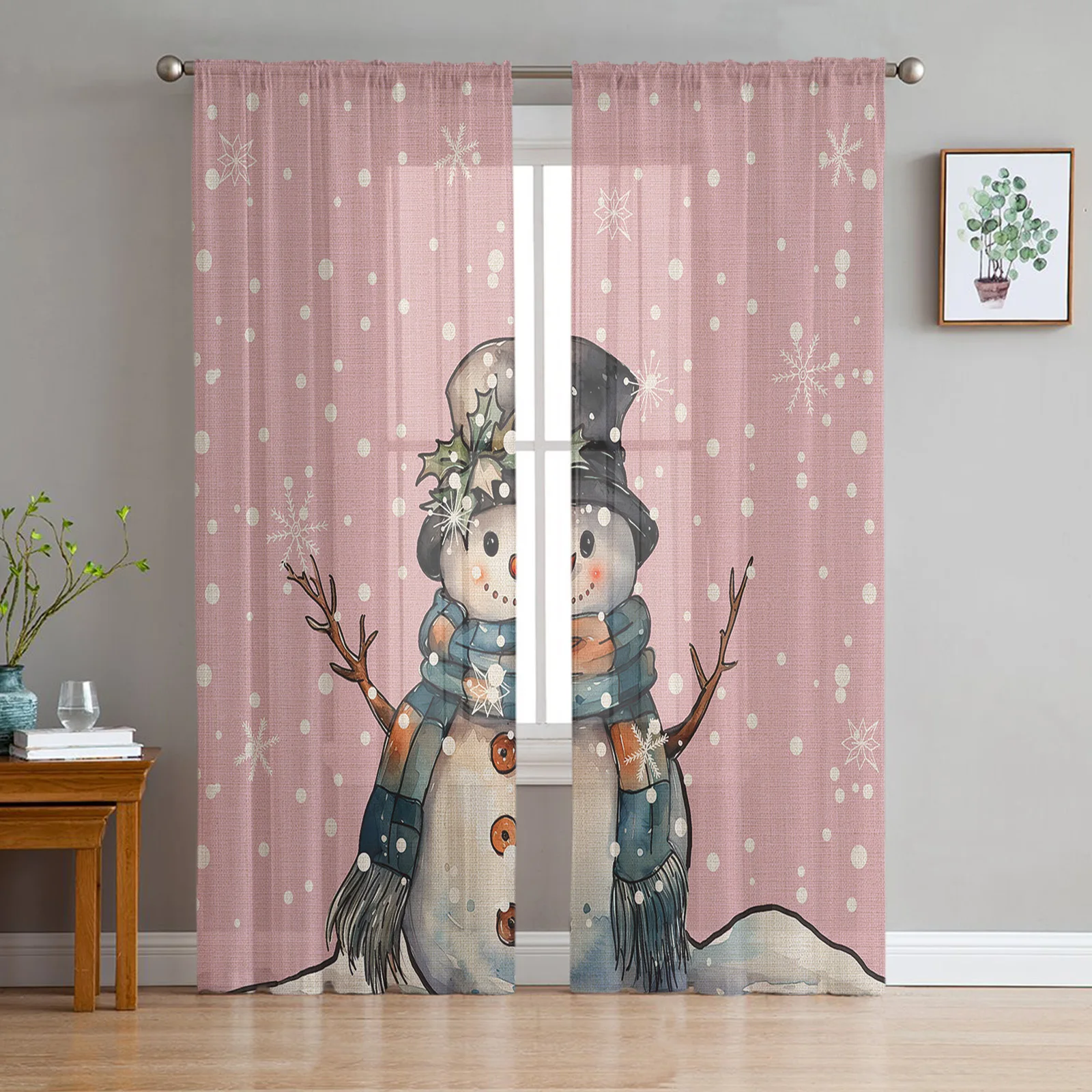 

Christmas Snowflake Snowman Sheer Curtains for Living Room Bedroom Tulle Curtain for Kitchen Voile Curtain Blind Panels