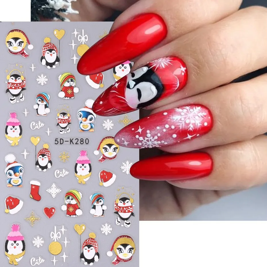 

5D Christmas Embossed Penguin Nail Art Stickers Snowflake Santa Claus Elk Slider For Winter Xmas Engraved Decals Nail Decoration