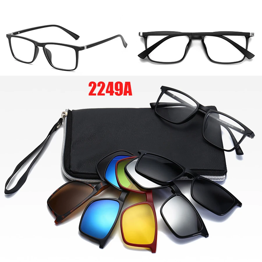 

6 In 1 Spectacle Frame Men Women With 5 PCS Clip On Polarized Sunglasses Magnetic Glasses Male Computer Optical 2249