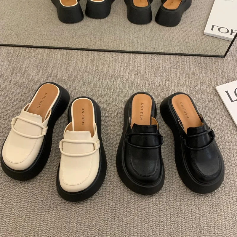 2024 Fashion Chunky Sandals heels Retro Large Head Women's Slippers Thick Bottom Women's Bag Head Half Slippers Vulcanized Shoes