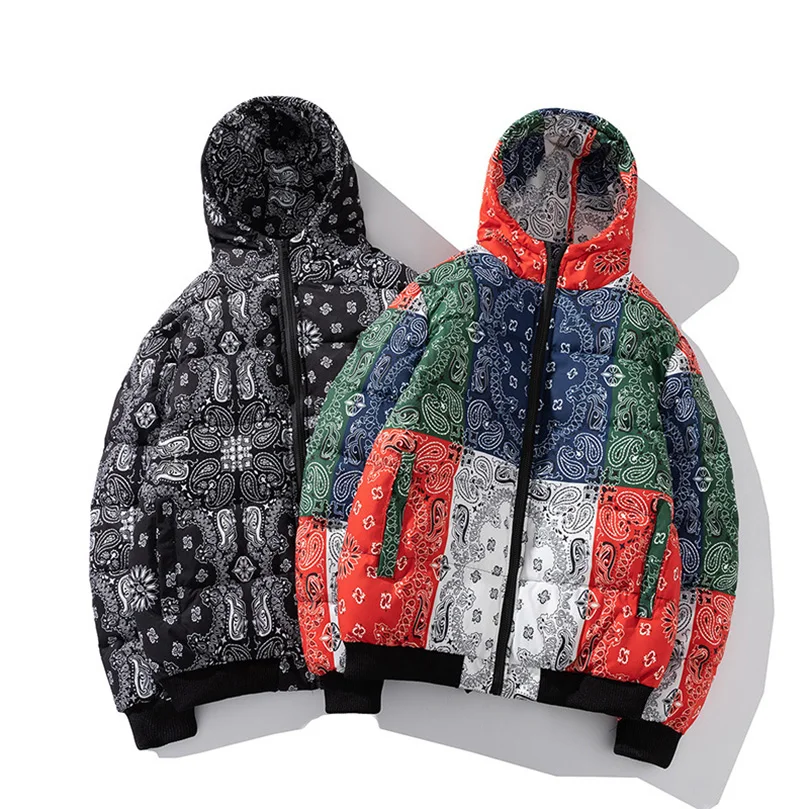 Winter Jacket Men Bandana Print Patchwork Cotton Padded Coat Thick Warm Hooded Varsity College University Outerwear New 2024 2
