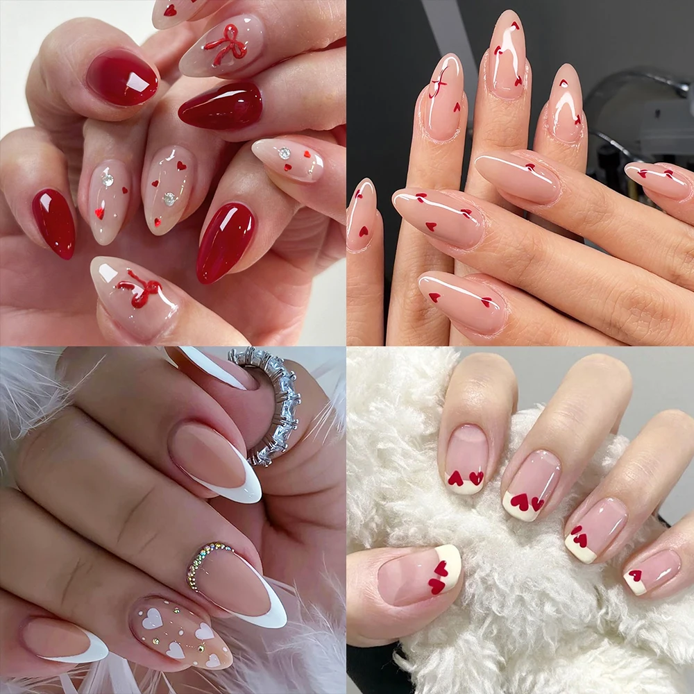 Valentine's Day Almond Short Coffin False Nail 24Pcs Sweet Love Hand Painted Heart Diamond Detachable Full Cover French Manicure