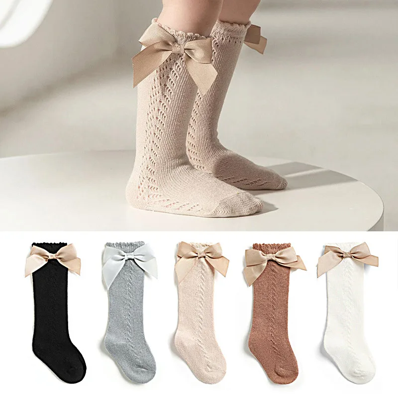 Baby Socks Children Socks Summer Kids Knee High Socks Baby Girls Boys Bow Long Sock Soft Cotton Mesh Breathable Children Hollow Out Socken For 0-7 Years
