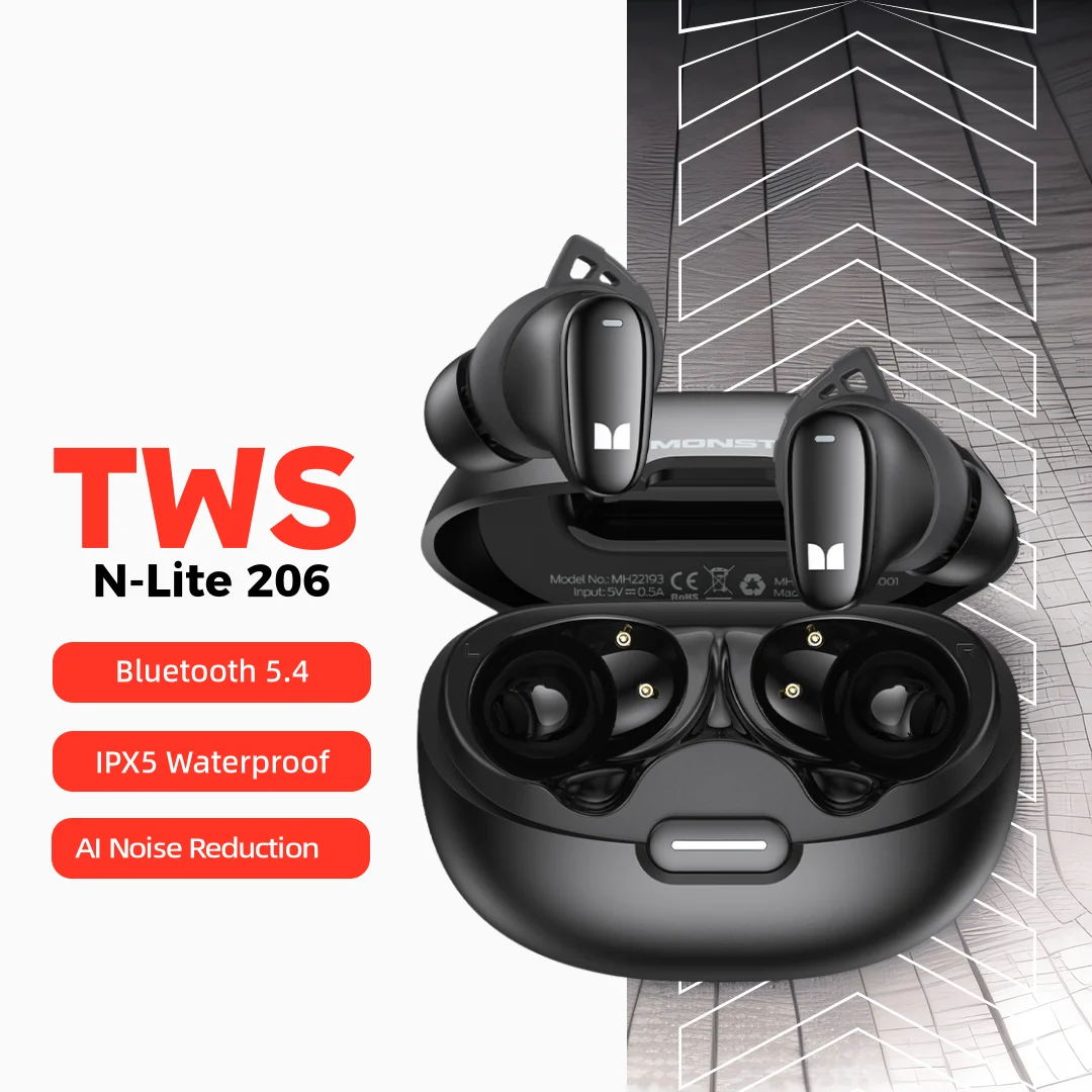 Спортивные Беспроводные наушники Monster N-LITE 206, Bluetooth 5,4, наушники с шумоподавлением, IPX5 водонепроницаемые TWS наушники с микрофоном