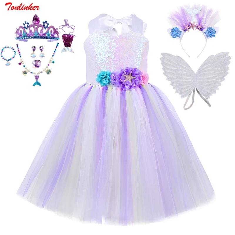 

Halloween Girls Little Mermaid Cosplay Costume Princess Dresses Kids Christmas Birthday Party Sequin Tulle Tutu Dress Headdress